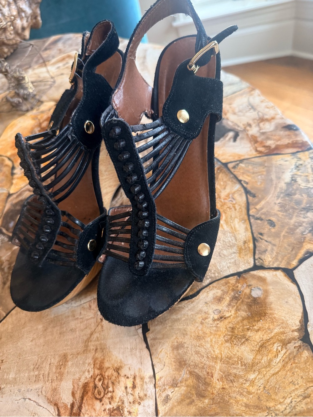 Steve Madden Black Suede Strappy High Heel Sandals with Gold Accents